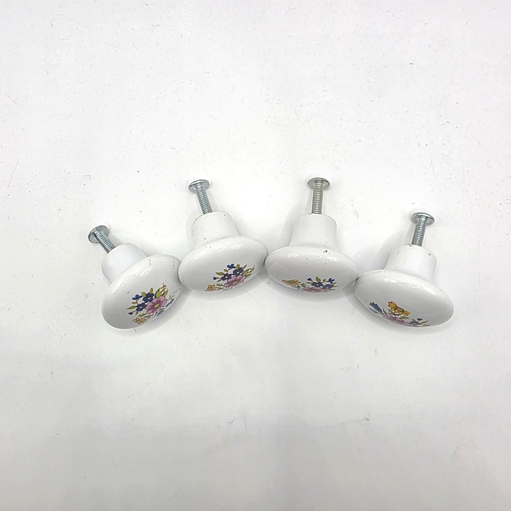 Vintage Floral Ceramic Drawer Pulls 4 White Porcelain Flower Cabinet Knobs - Picture 2 of 3
